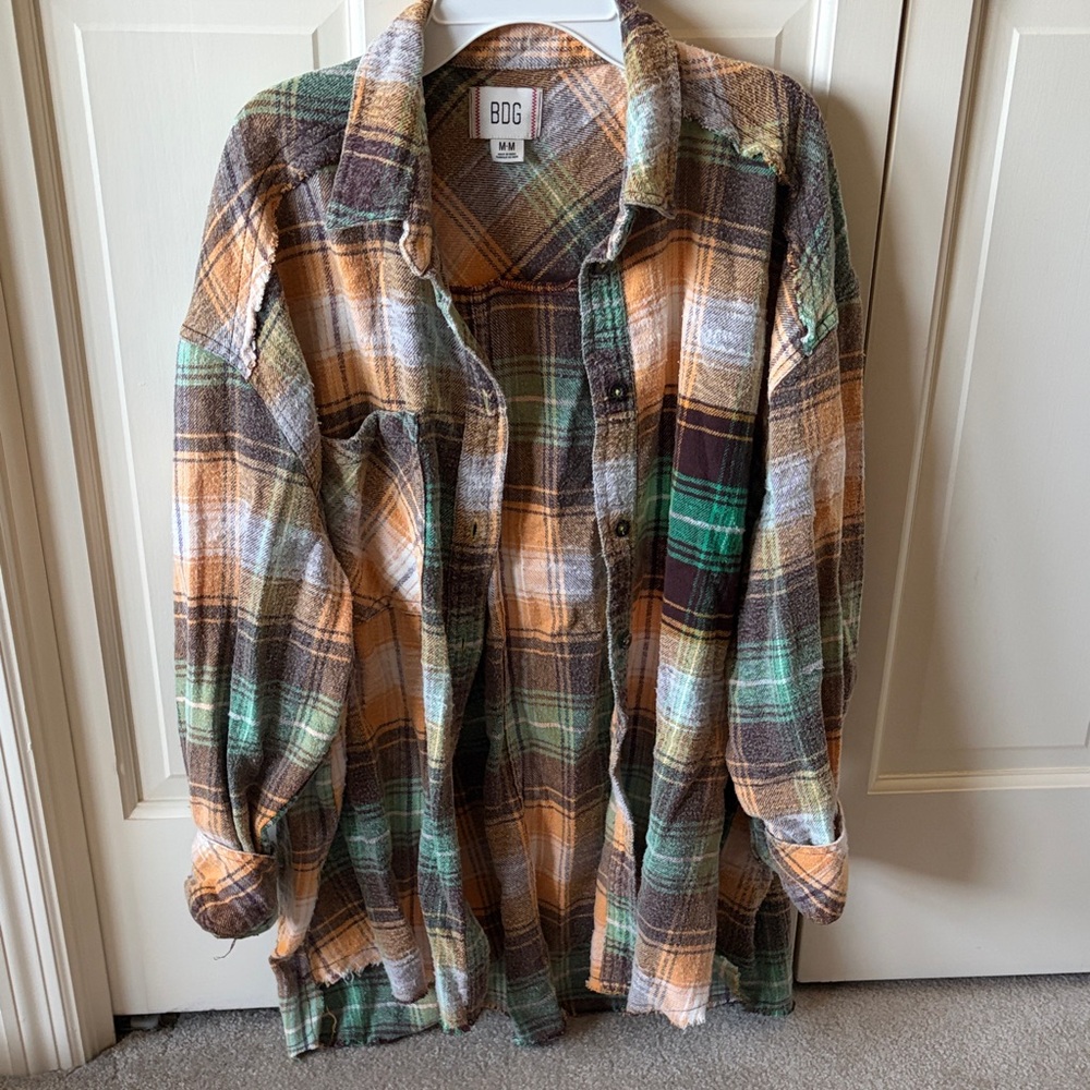 BDG Casual Plaid Shirt - Green, Brown, and Orange